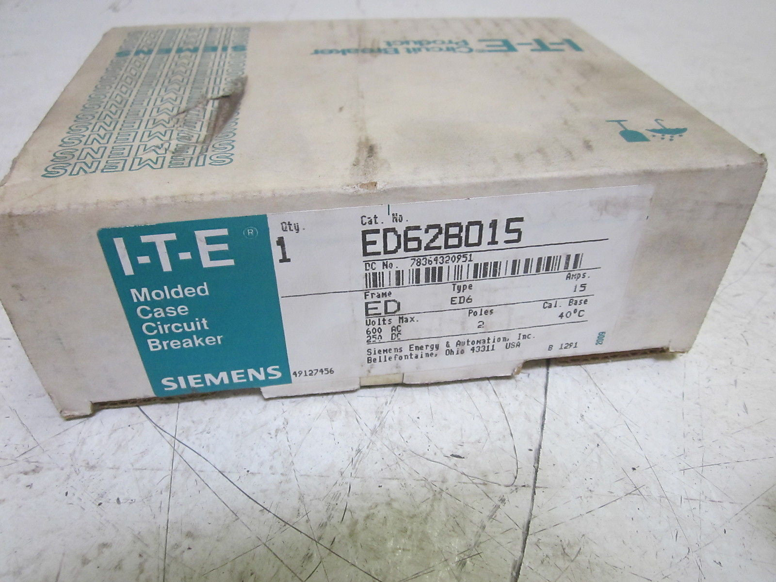 I-T-E SIEMENS ED62B015 CIRCUIT BREAKER 15A 2P 600VAC *NEW IN BOX*