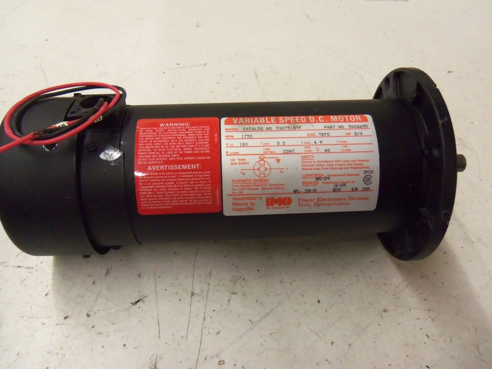 IMO 9307518TF VARIABLE SPEED DC MOTOR 5002695 3/4 HP 1750 RPM *NEW NO BOX*
