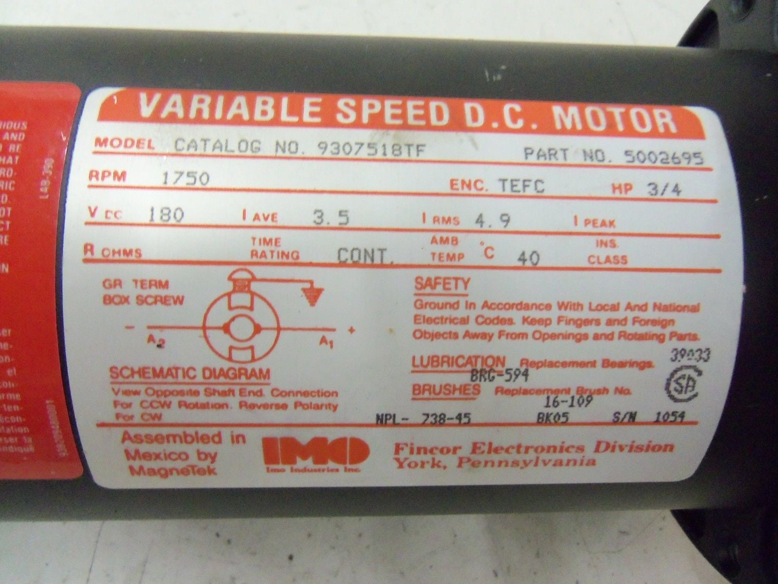 IMO 9307518TF VARIABLE SPEED DC MOTOR 5002695 3/4 HP 1750 RPM *NEW NO BOX*