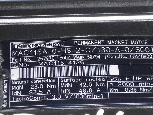 INDRAMAT MAGNET MOTOR MAC115A-0-HS-2-C/130-A-0/S001