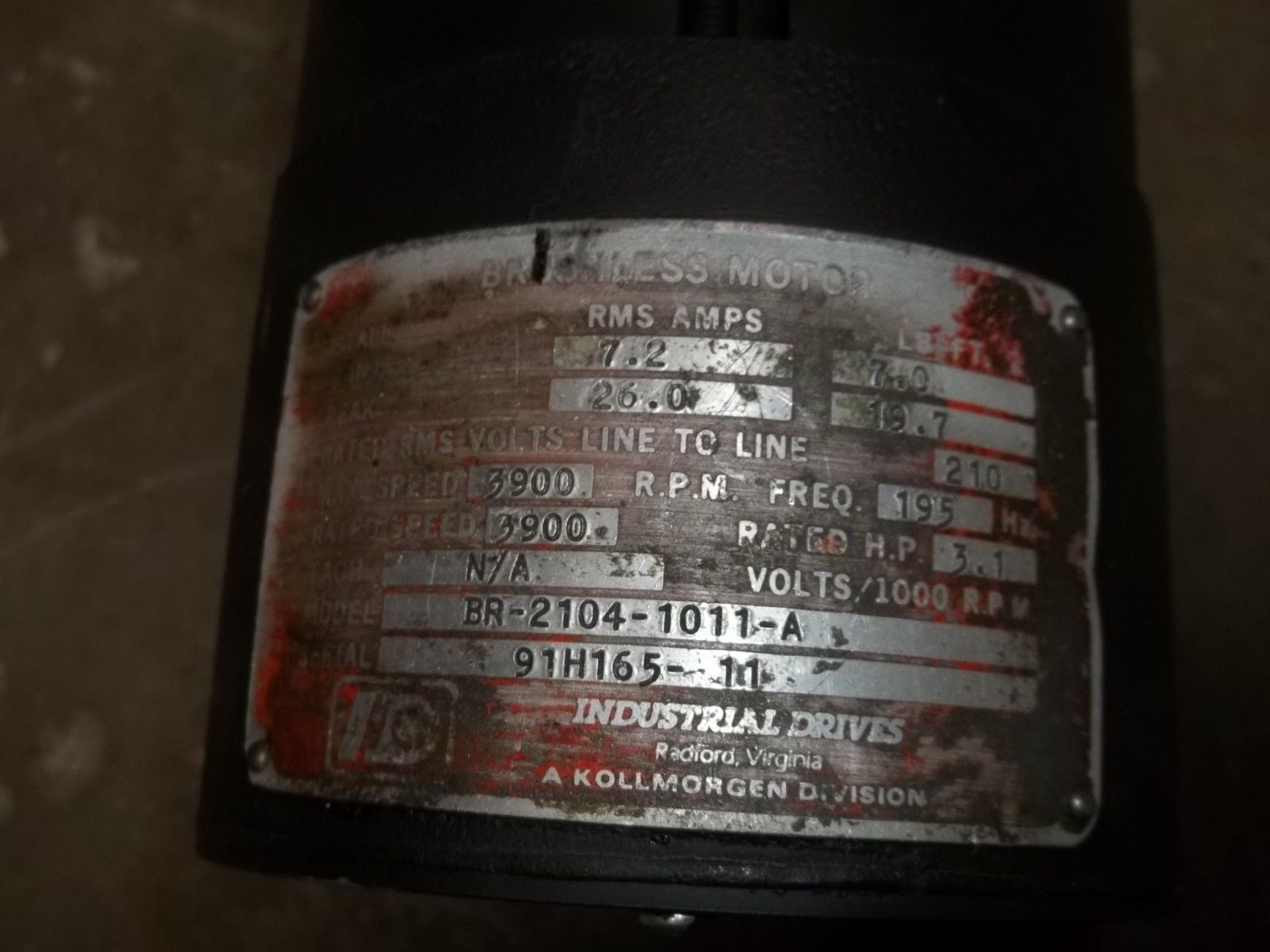 INDUSTRIAL DRIVES BR-2104-1011-A MOTOR 3.1 HP 3900 RPM *USED*