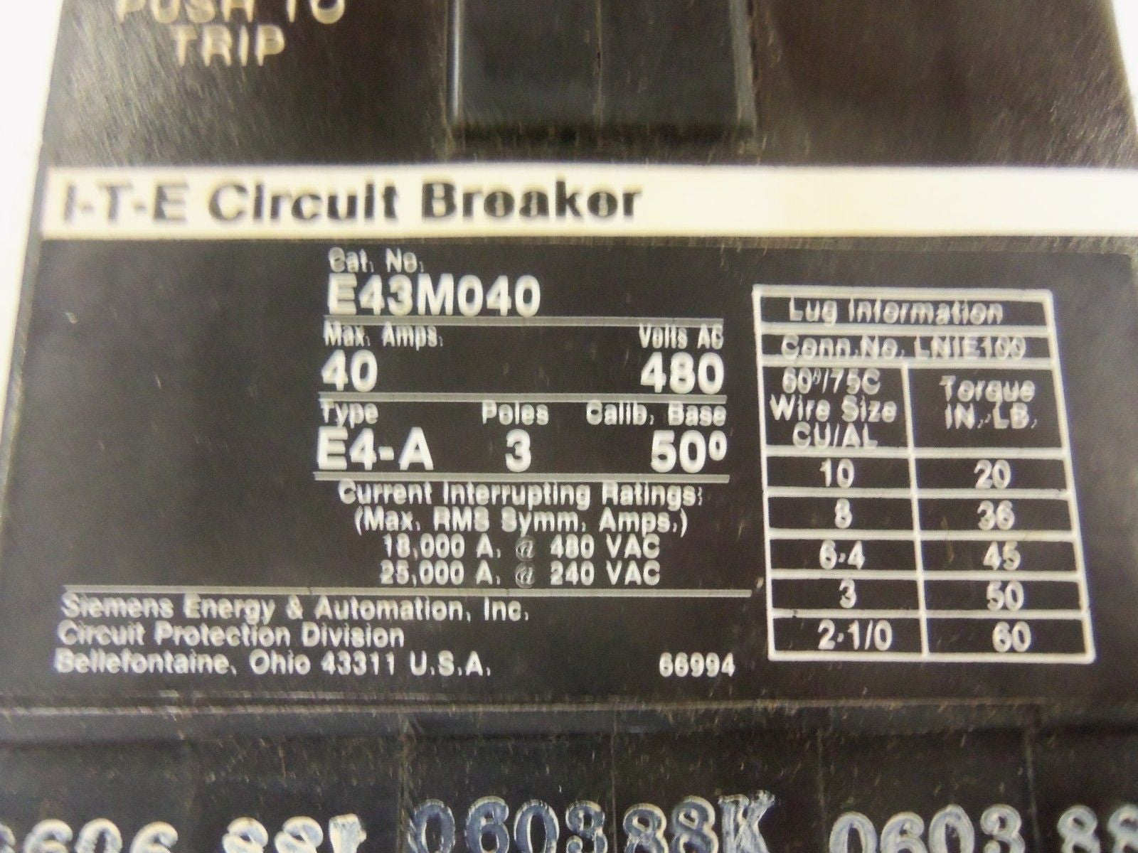 SIEMENS E43M040 CIRCUIT BREAKER 40A *NEW IN BOX*