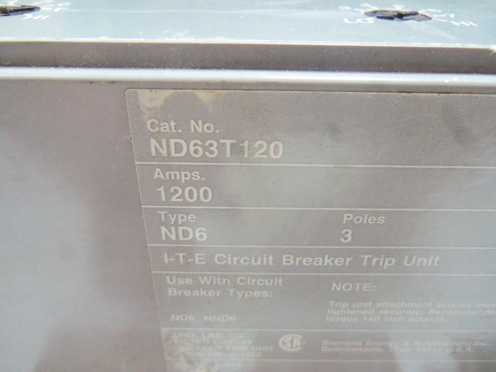 ITE ND63T120 CIRCUIT BREAKER TRIP UNIT *USED*