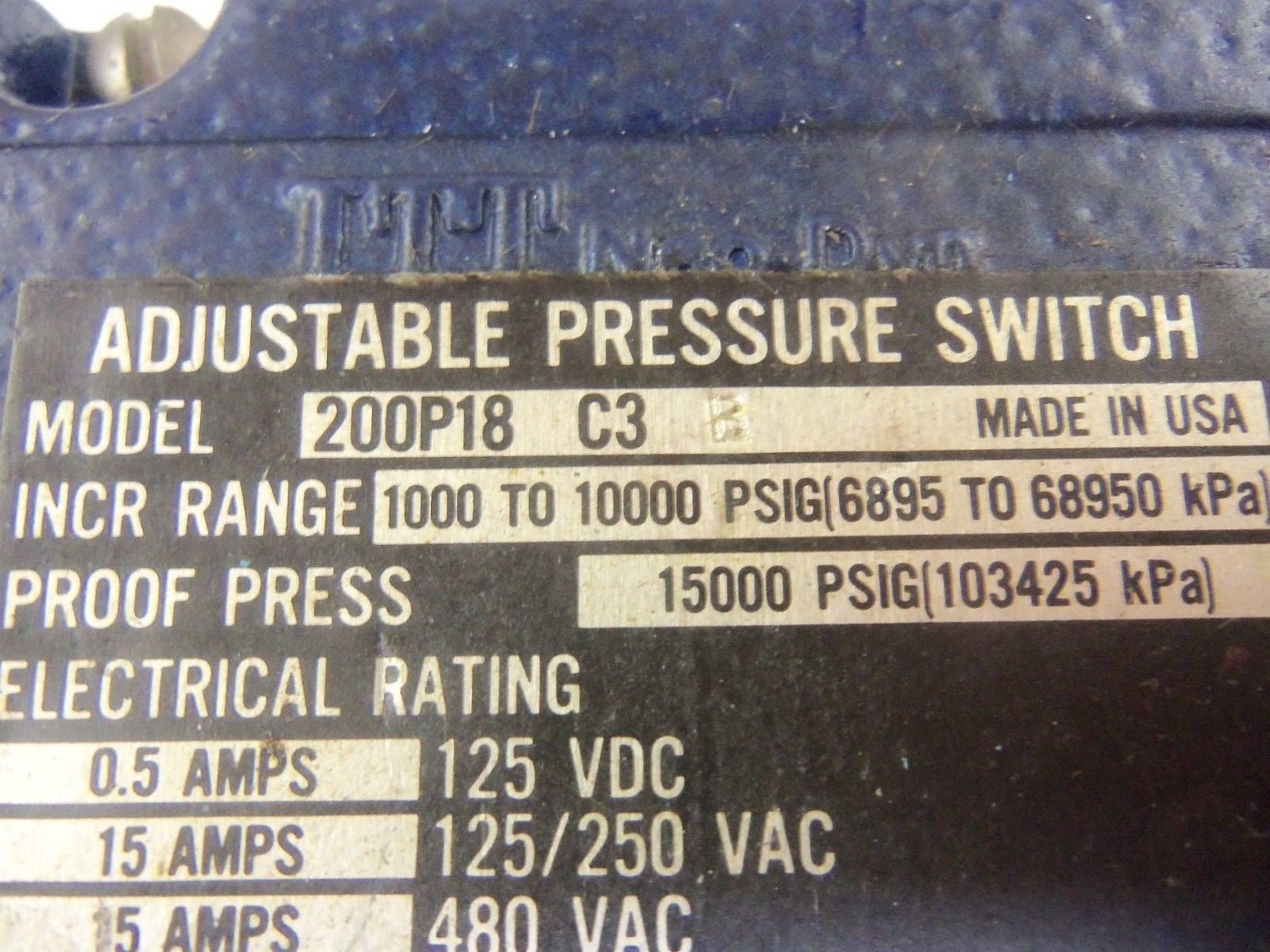 ITT NEO-DYN 200P18C3B ADJUSTABLE PRESSURE SWITCH *USED*