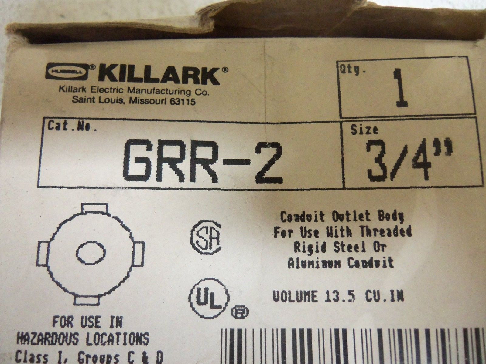 KILLARK GRR-2 CONDUIT OUTLET BOX 3/4" *NEW IN BOX*