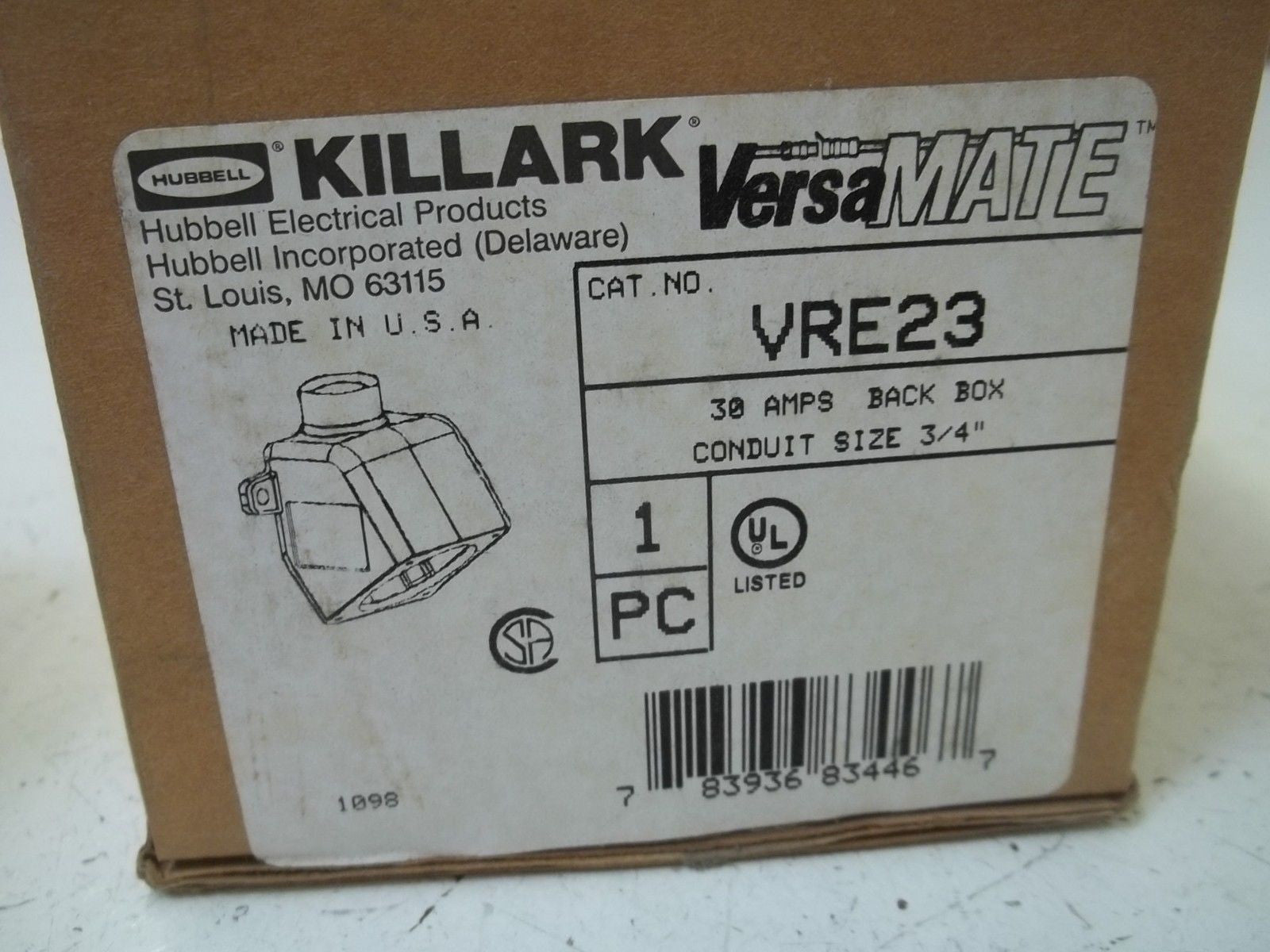 KILLARK VRE23 30 AMPS BACK BOX CONDUIT SIZE 3/4" *NEW IN BOX*