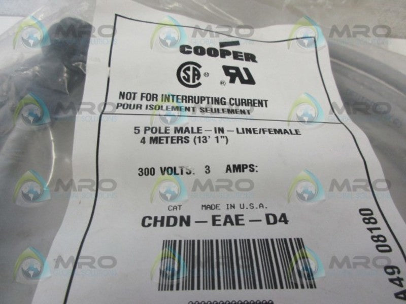 COOPER CHDN-EAE-D4 5P MALE IN LINE TO FEMALE CABLE *NEW IN FACTORY BAG*
