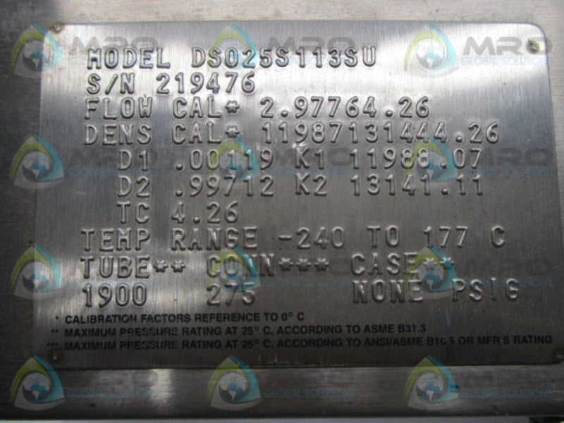 MICROMOTION DS025S113SU MASS FLOW SENSOR (AS PICTURED) * NEW NO BOX *