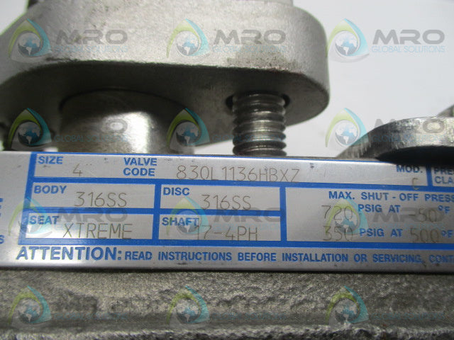 JAMESBURY 830L1136HBXZ  316 SS WAFER-SPHERE VALVE 4"