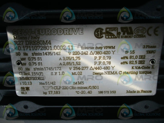 SEW EURODRIVE R27-DRE80M4 GEAR MOTOR * NEW NO BOX *