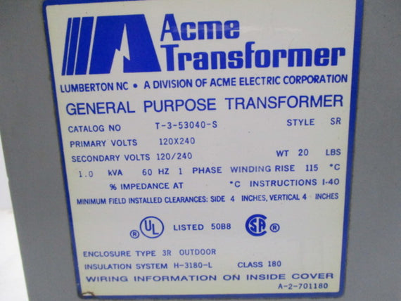 ACME T-3-53040-S TRANSFORMER (AS PICTURED) * USED *