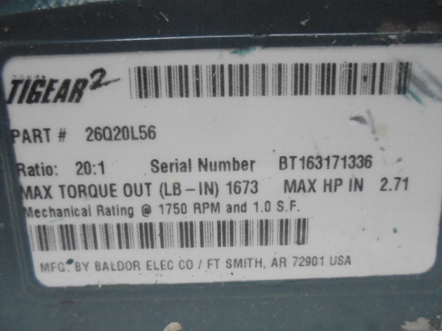 DODGE TIGEAR 2 26Q20L56 GEAR REDUCER 2.71 HP 1750 RPM 20:1 *,NEW NO BOX,*