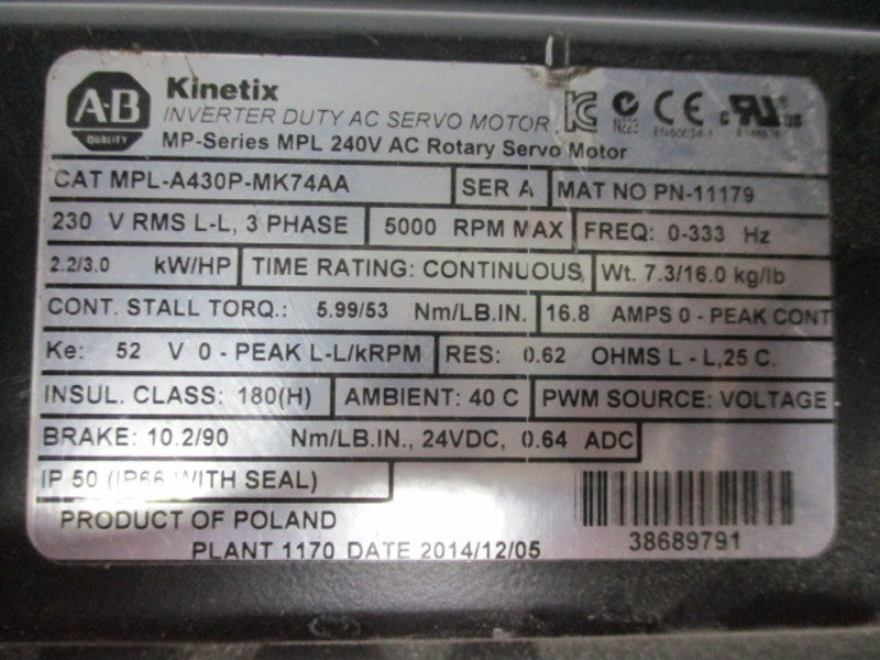 ALLEN BRADLEY MPL-A430P-MK74AA SER. A AC SERVO MOTOR * USED *