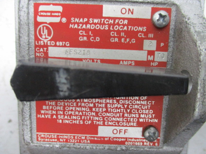 CROUSE HINDS EFS218 EXPLOSION PROOF ON/OFF SWITCH * NEW *