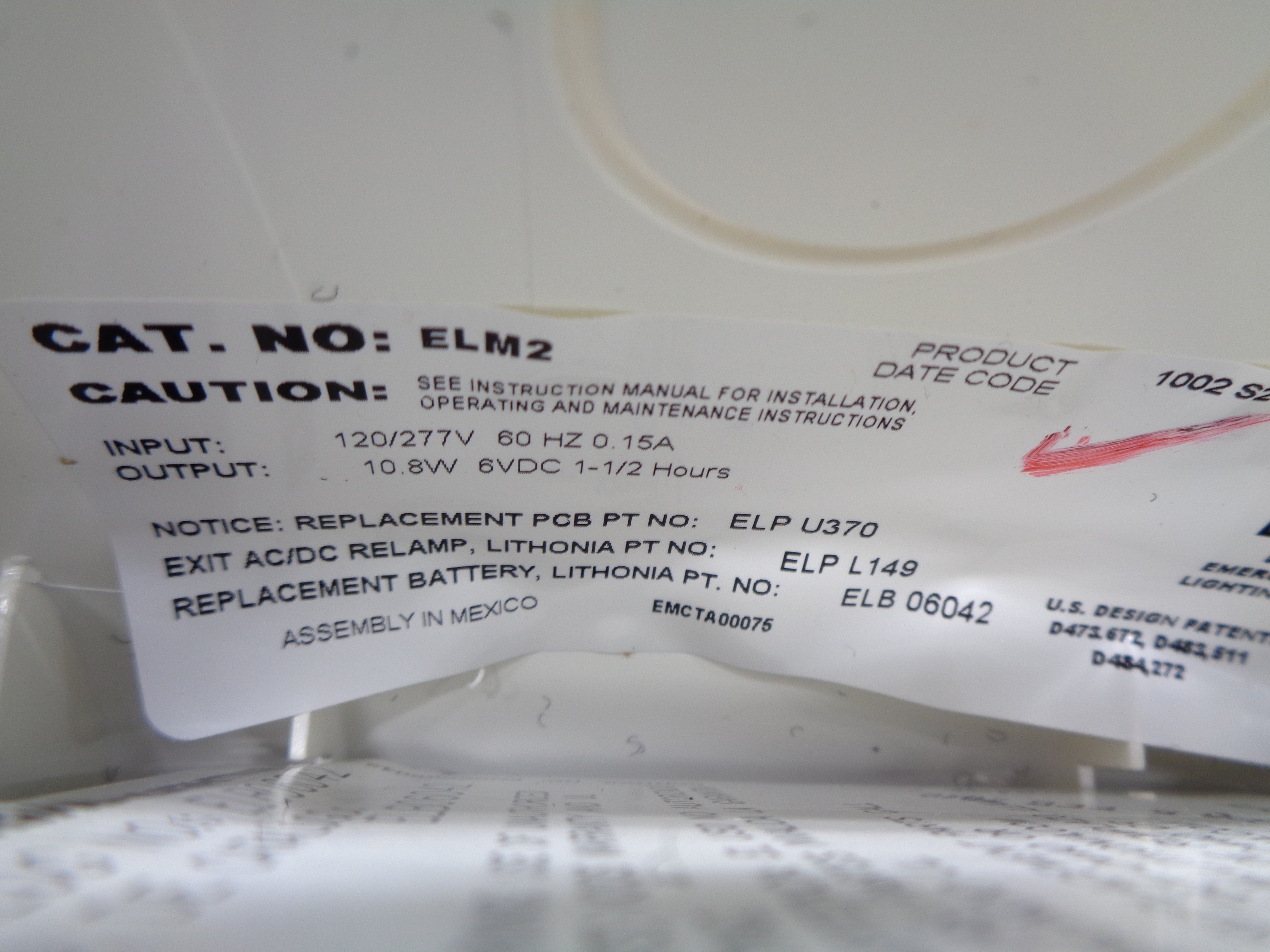 LITHONIA LIGHTING ELM2 383575 120/277V 0.12A NSMP