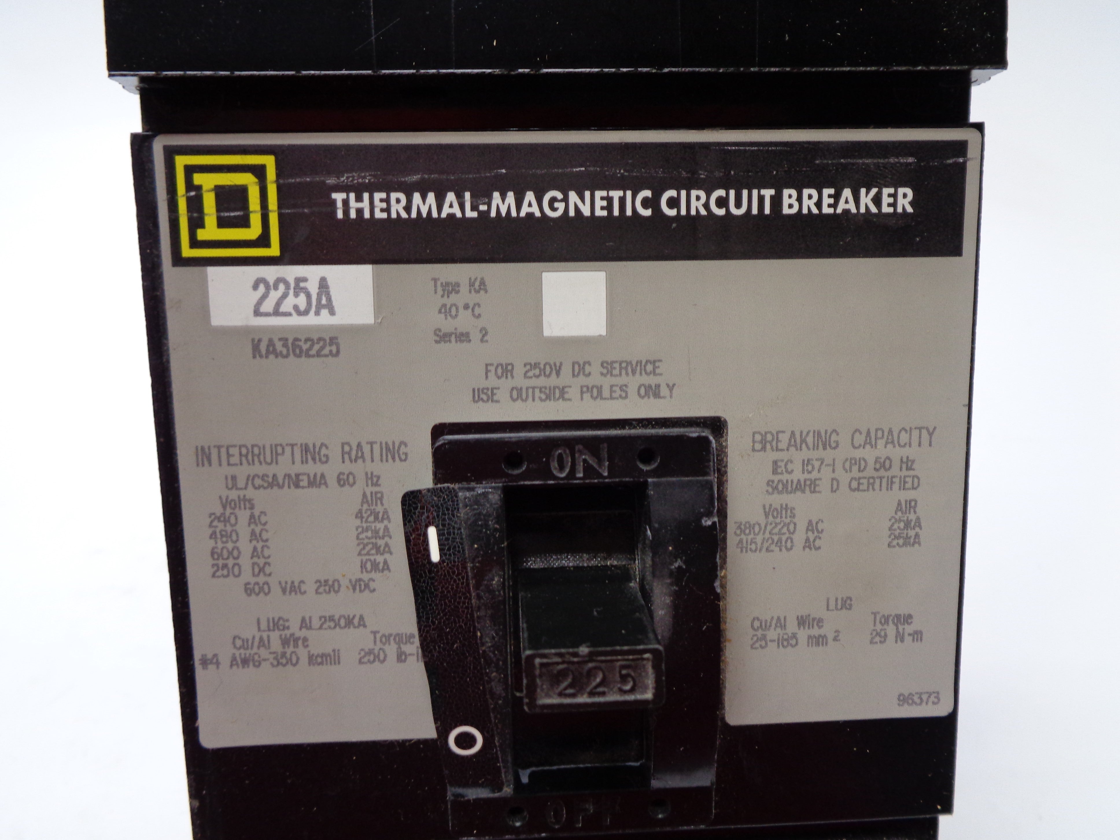 SQUARE D KA36225 225A 240VAC SER. 2 NSMP