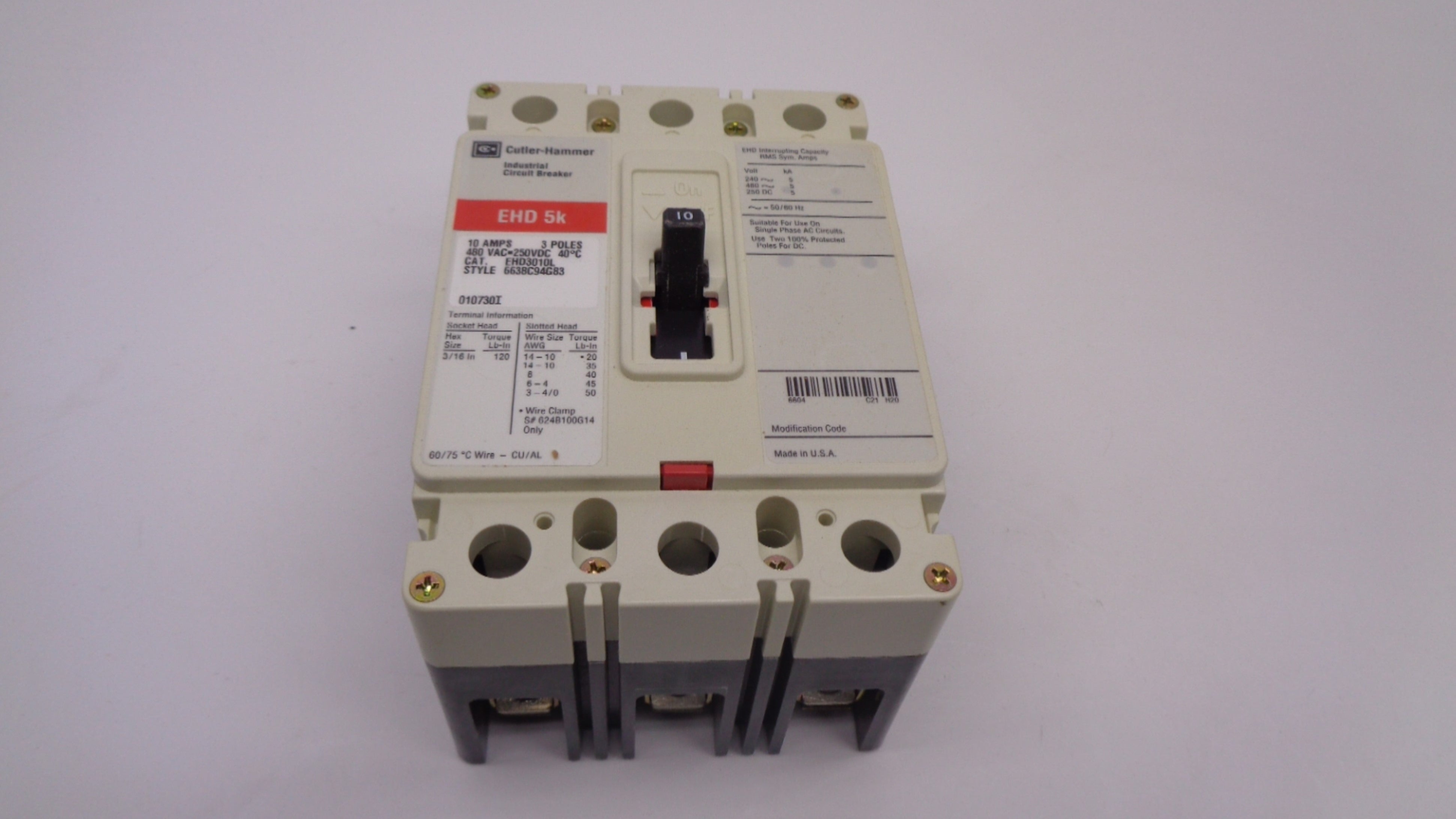 CUTLER HAMMER EHD3010L 10A 480V SER. C NSMP