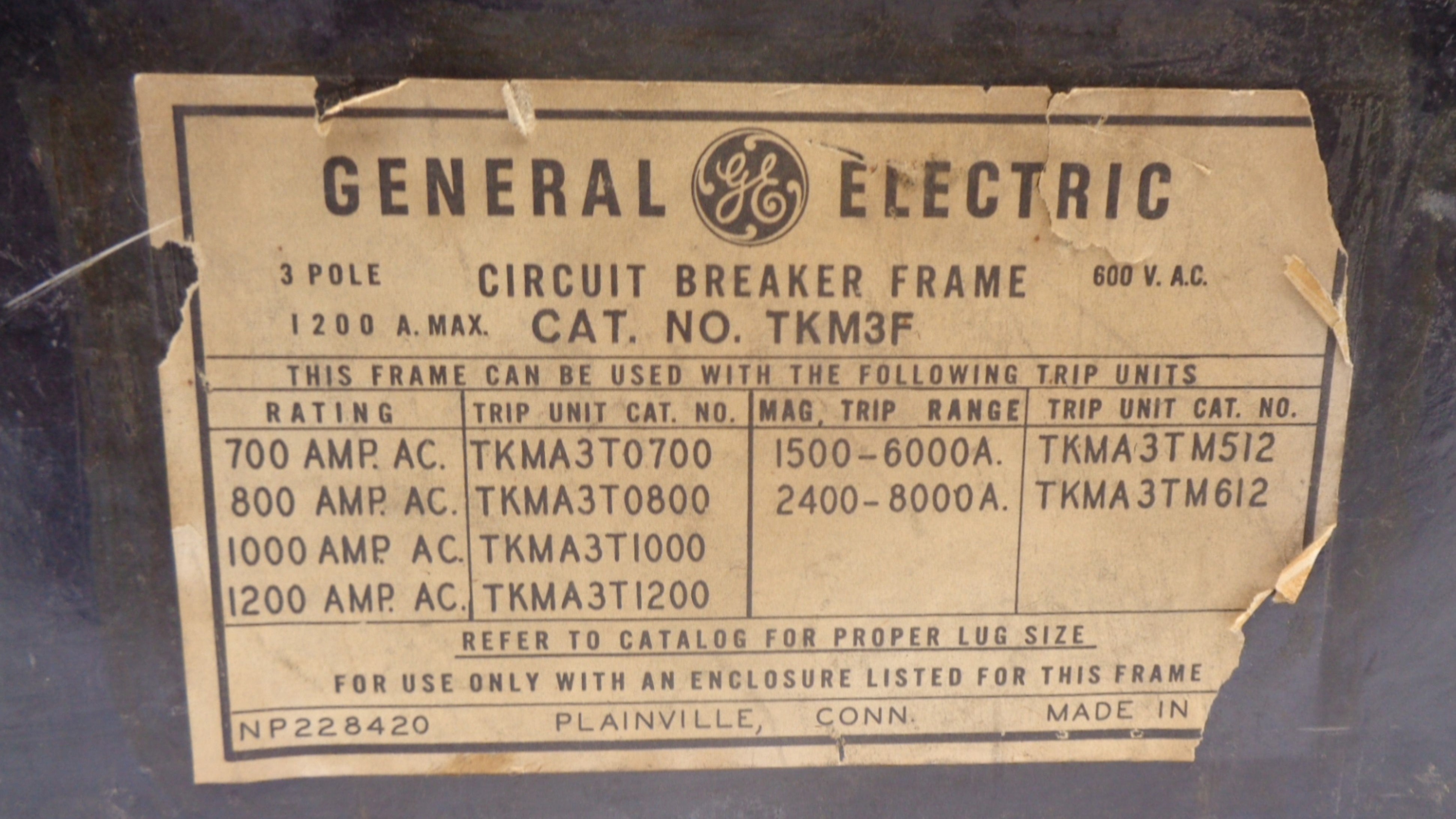 GENERAL ELECTRIC TKM3F 1200A 600V UNMP