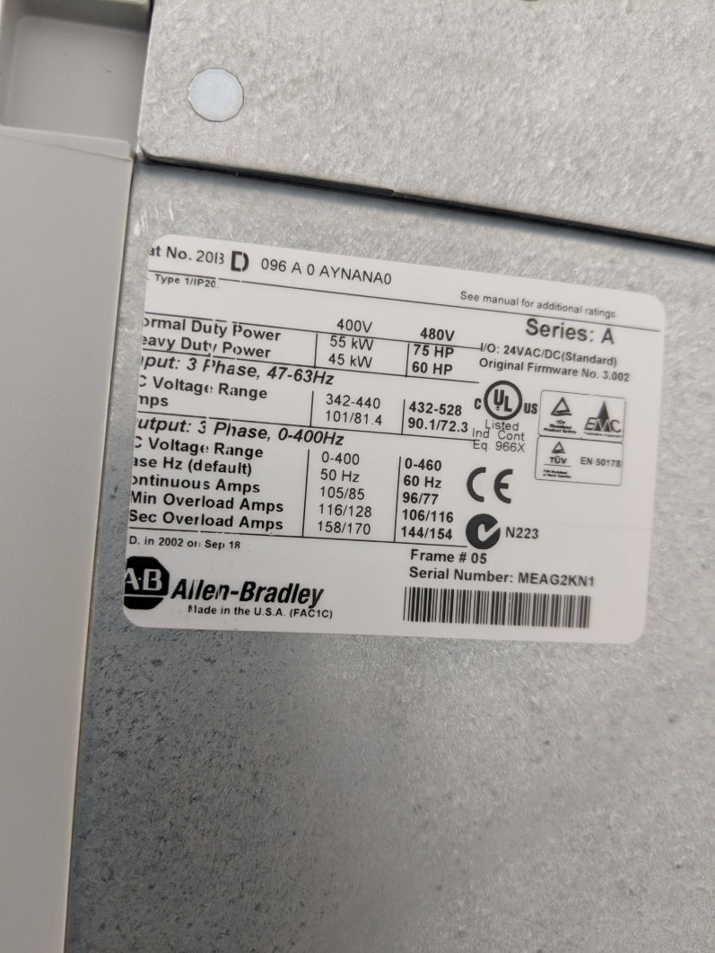 ALLEN BRADLEY 20BD096A0AYNANA0 SER. A F/W 3.002 REMAN