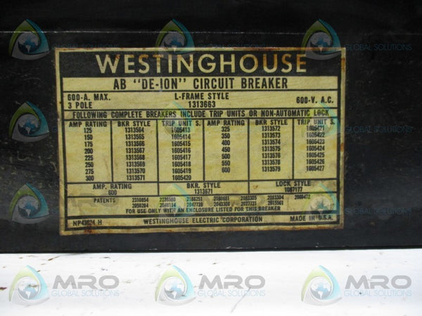 WESTINGHOUSE 1313663 CIRCUIT BREAKER 400A trip  UNMP