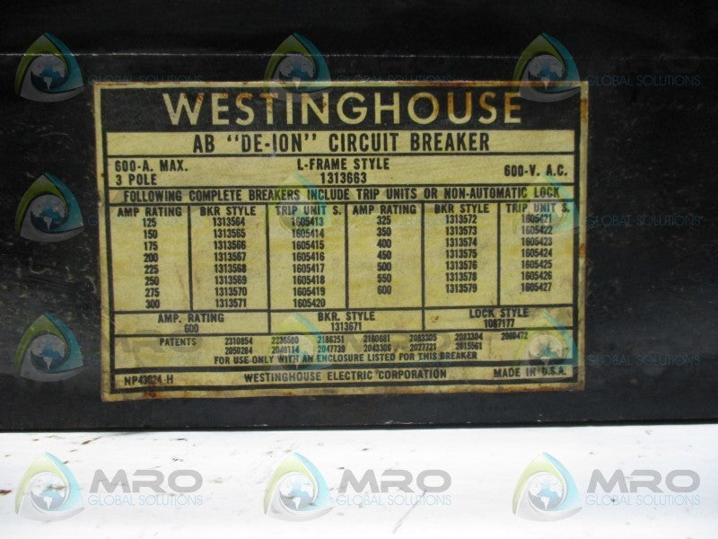 WESTINGHOUSE 1313663 CIRCUIT BREAKER 400A trip  UNMP