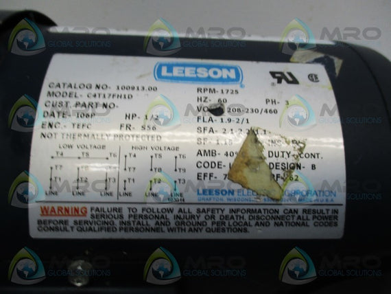LEESON 100913.00 C4T17FH1D ELECTRIC MOTOR * USED *