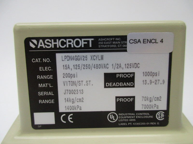 ASHCROFT LPDN4GGV25XCYLM 480VAC 15A 200PSI NSNP