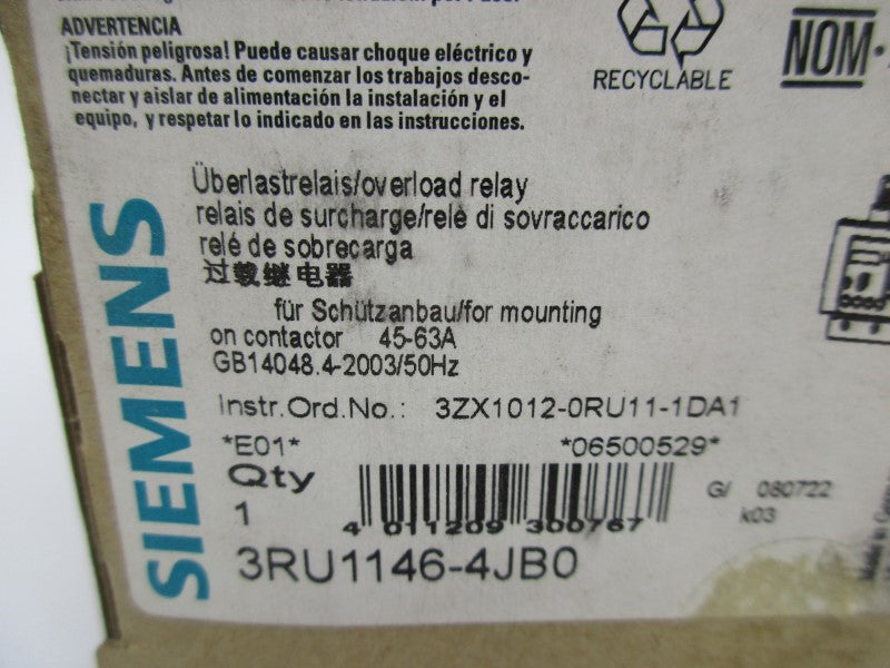 SIEMENS 3RU1146-4JB0 45-63A 600VAC NSMP