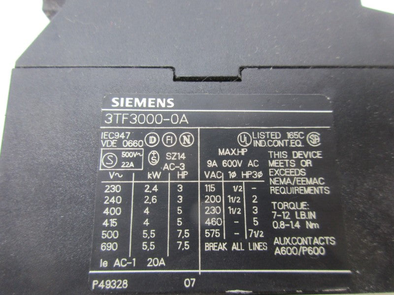 SIEMENS 3TF3000-0A 230/460VAC UNMP