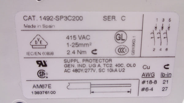 ALLEN BRADLEY 1492-SP3C200 SER. C 20A 415VAC NSMP