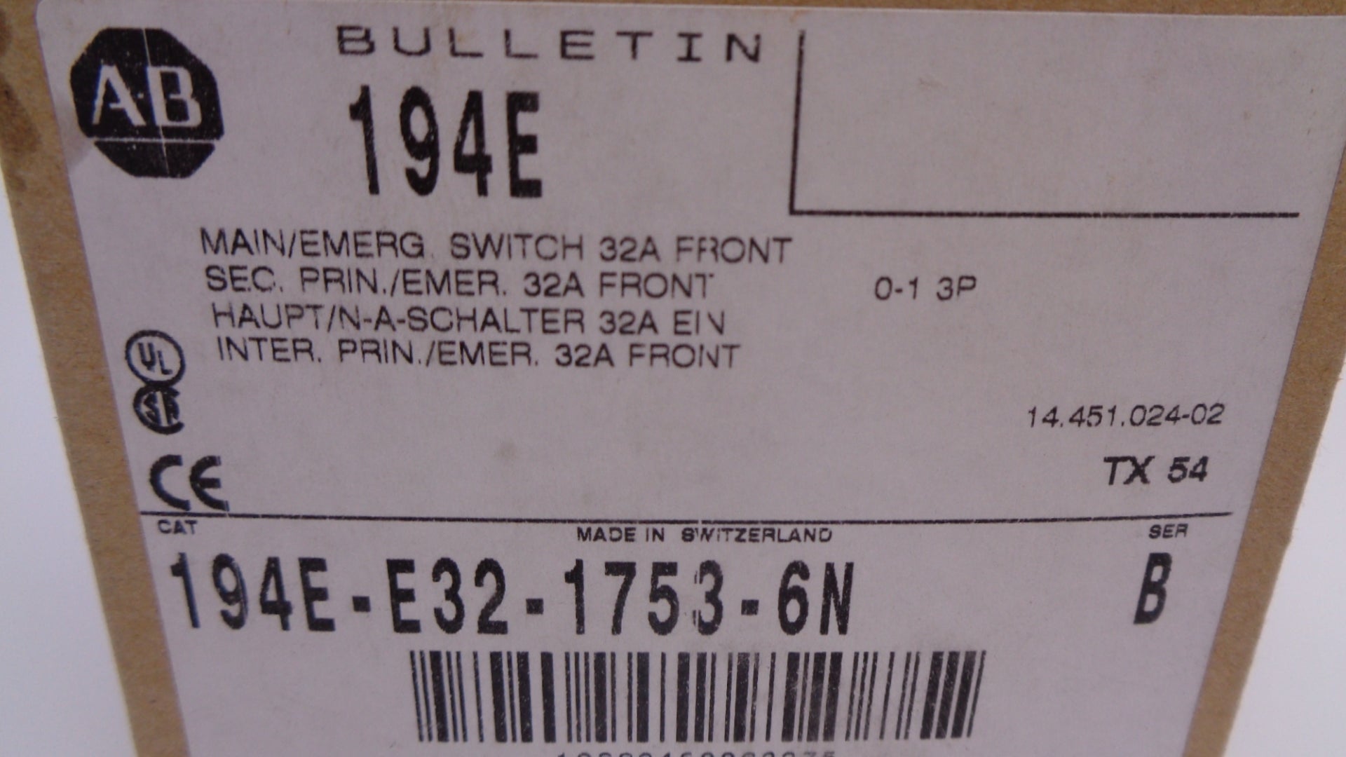 ALLEN BRADLEY 194E-E32-1753-6N SER. B NSMP