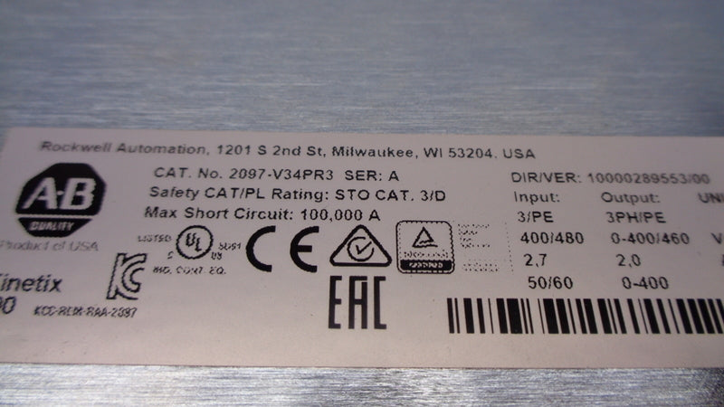 ALLEN BRADLEY 2097-V34PR3 SER. A F/W 1.83 400/480VAC 2.0A NSMP