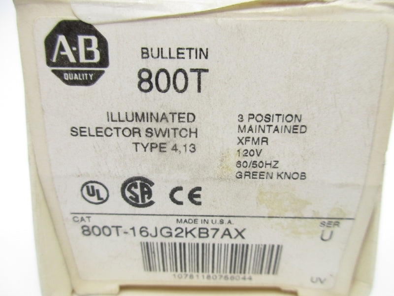 ALLEN BRADLEY 800T-16JG2KB7AX SER. U 120V (WH) NSMP