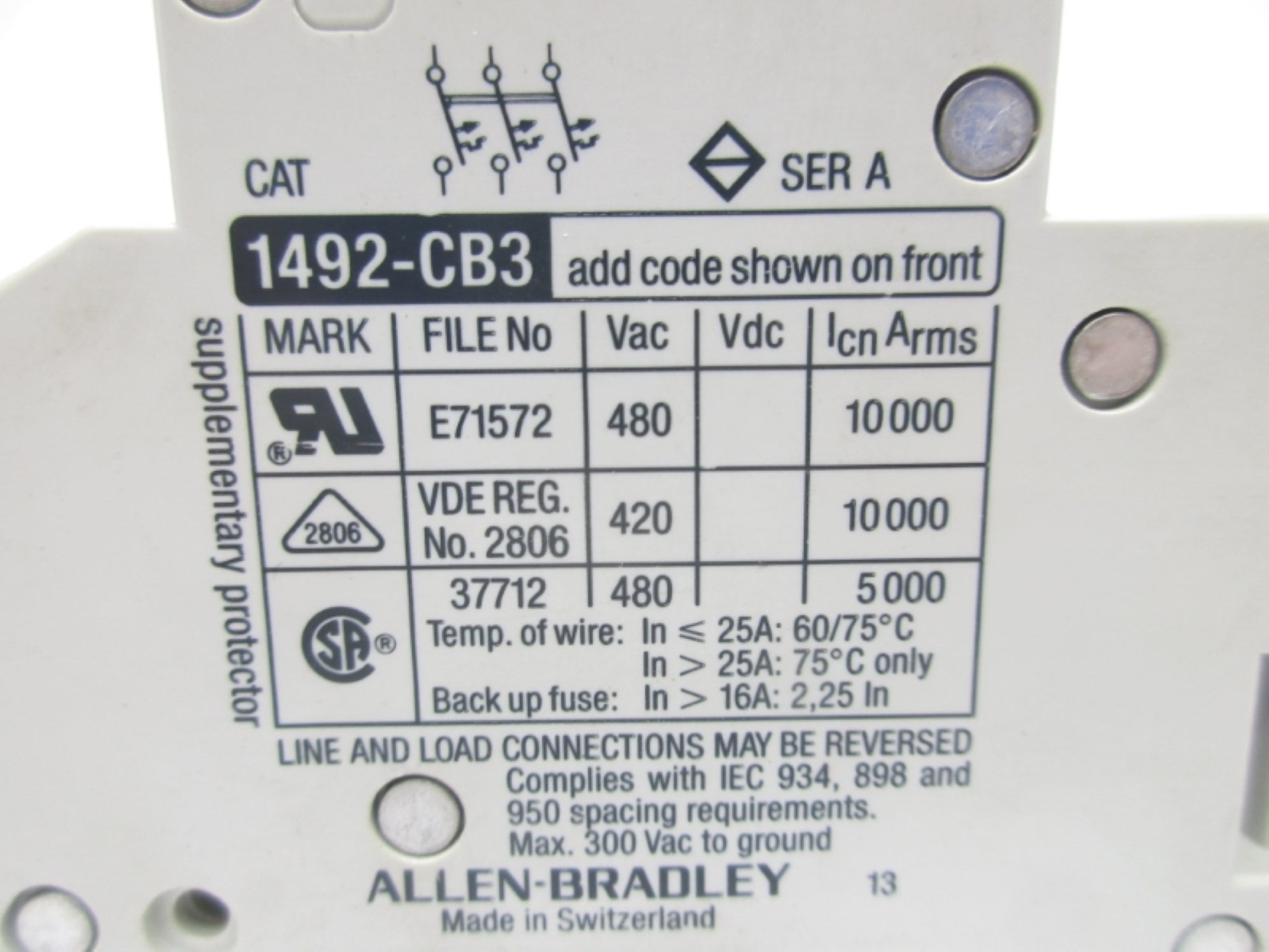 ALLEN BRADLEY 1492-CB3G150 SER. A 15A 480VAC UNMP