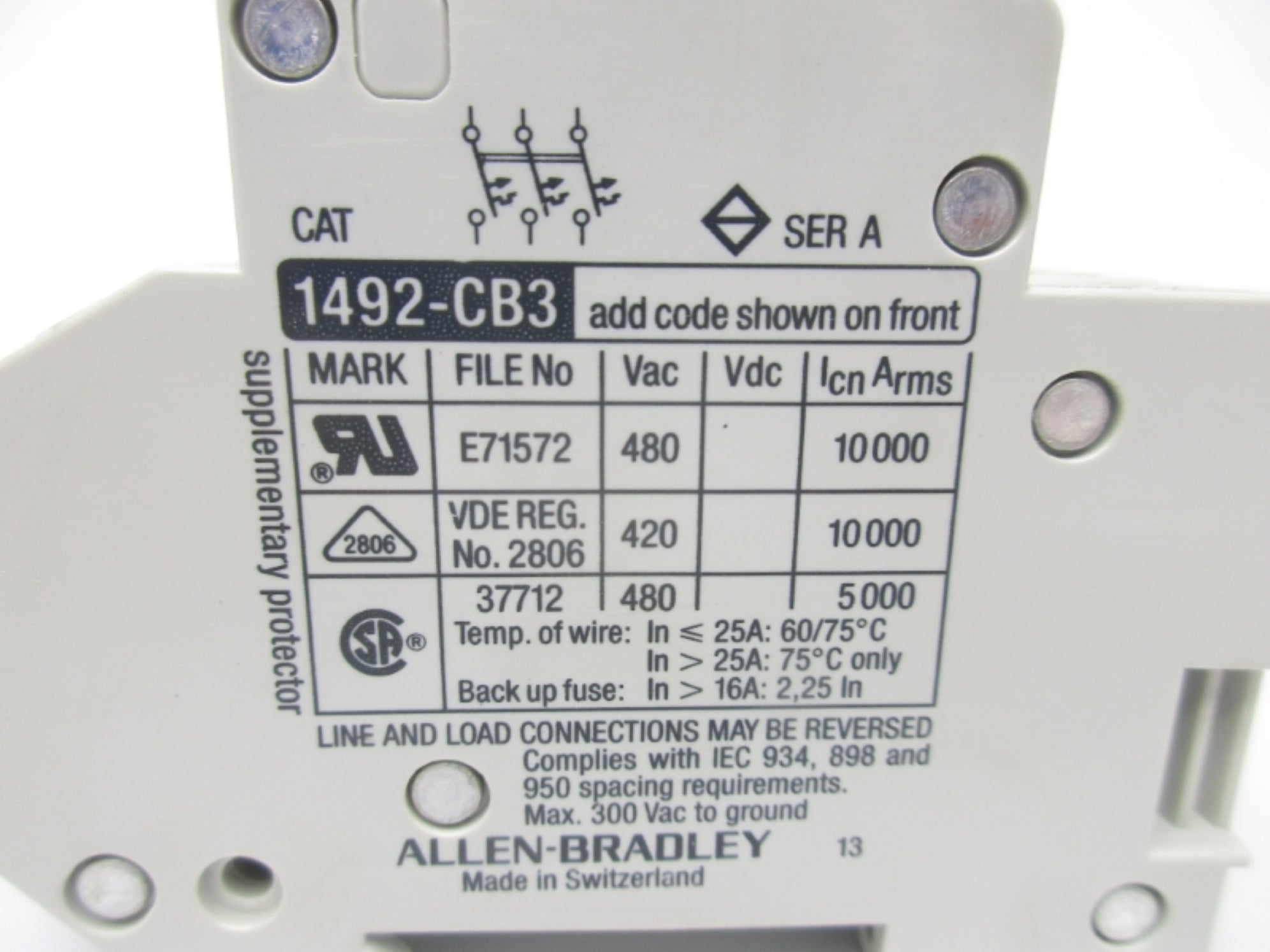 ALLEN BRADLEY 1492-CB3G150 SER. A 15A 300VAC NSMP