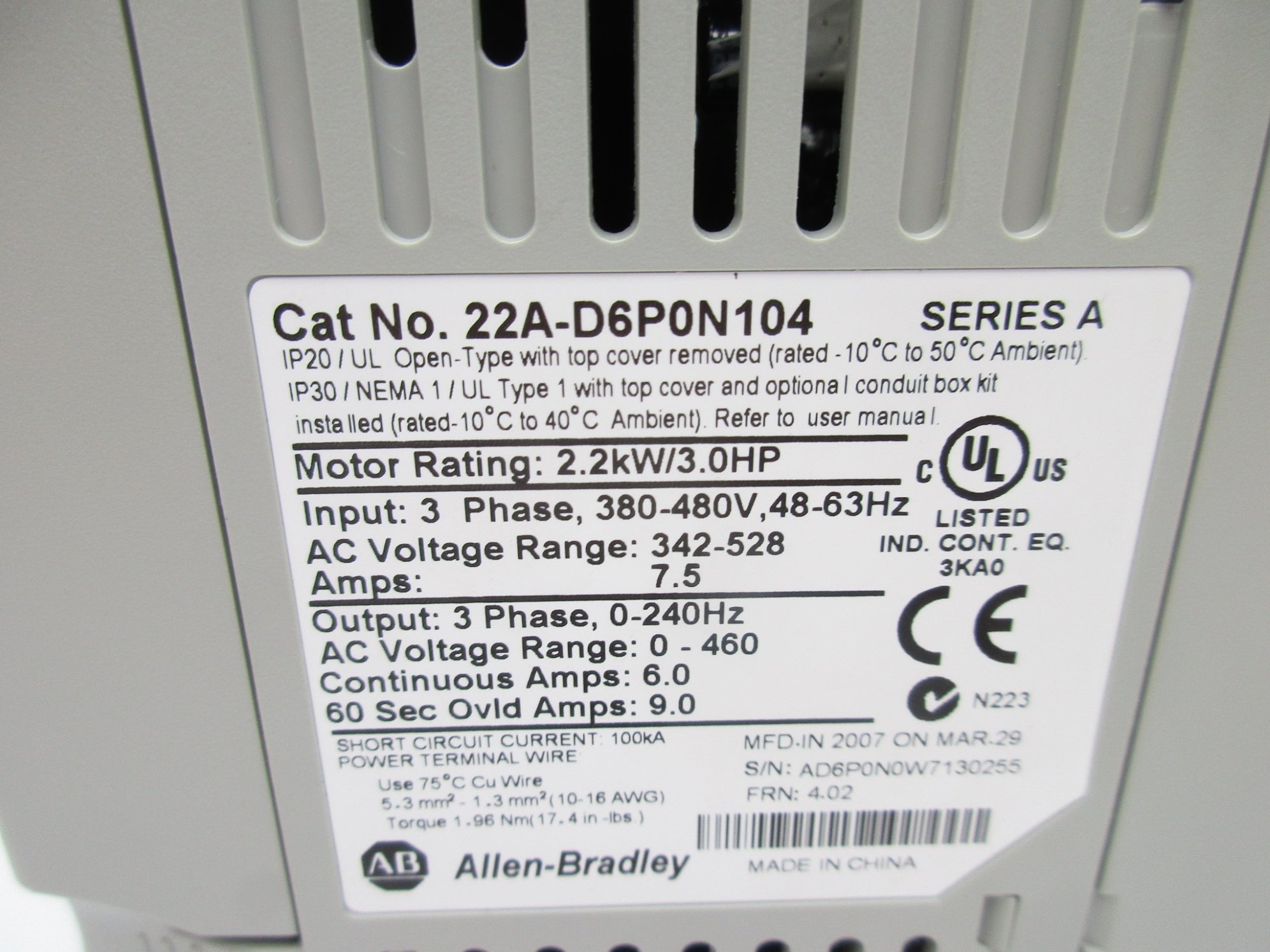 ALLEN BRADLEY 22A-D6P0N104 SER. A F/W 4.02 NSMP