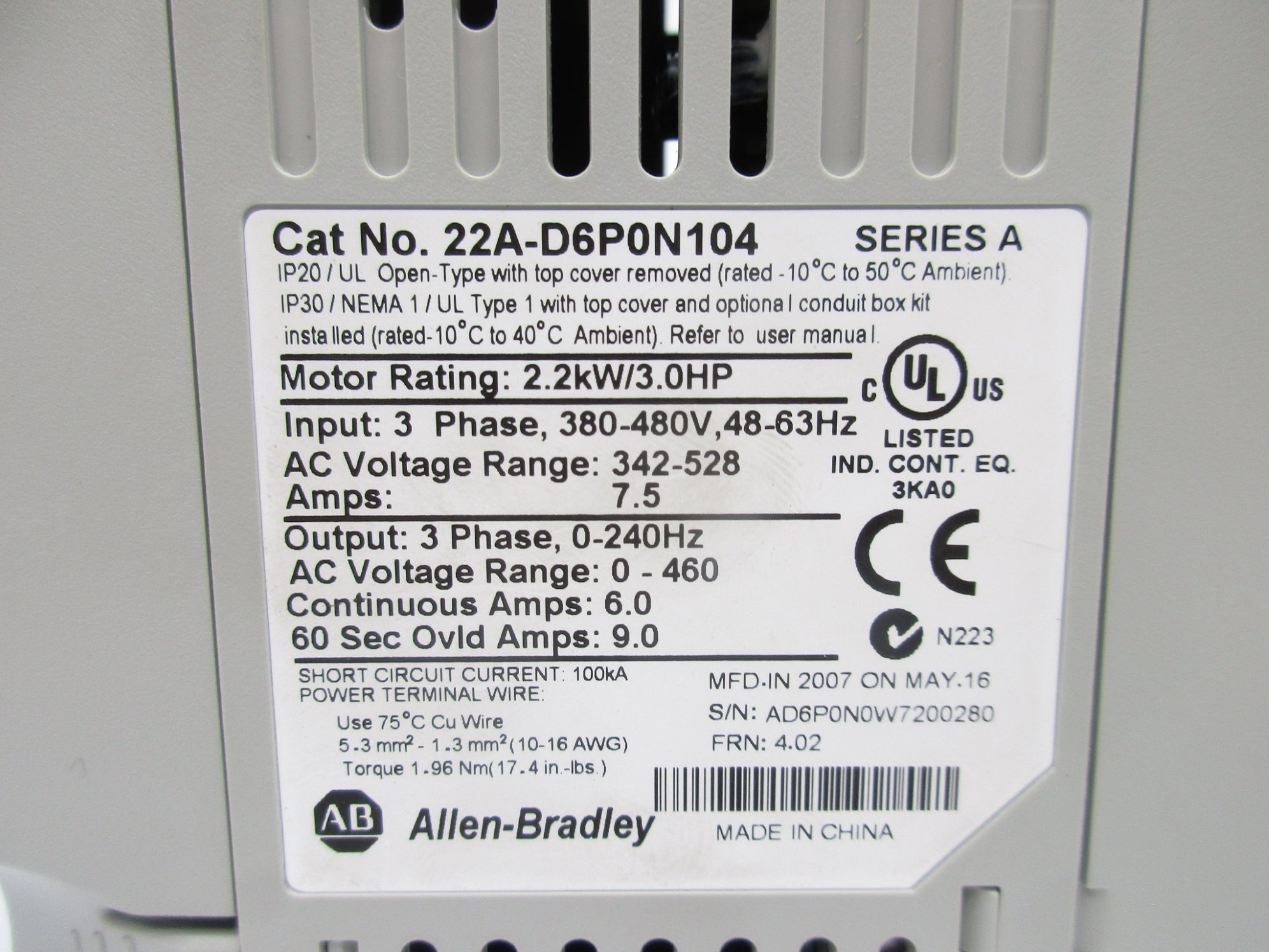 ALLEN BRADLEY 22A-D6P0N104 SER. A F/W 4.02 NSNP