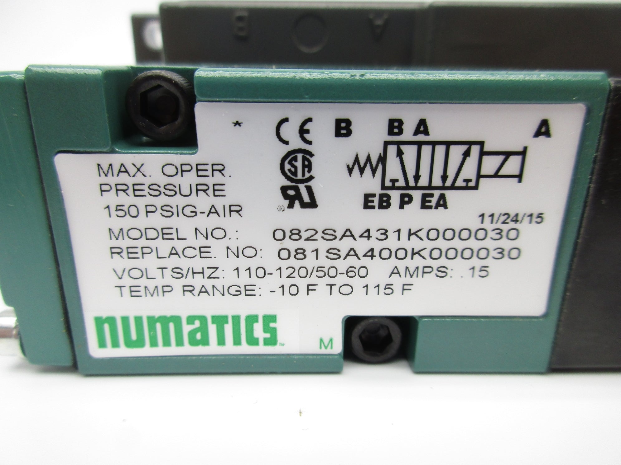 NUMATICS 082SA431K000030 110/120V .15A 150PSI -10-115'F NSNP