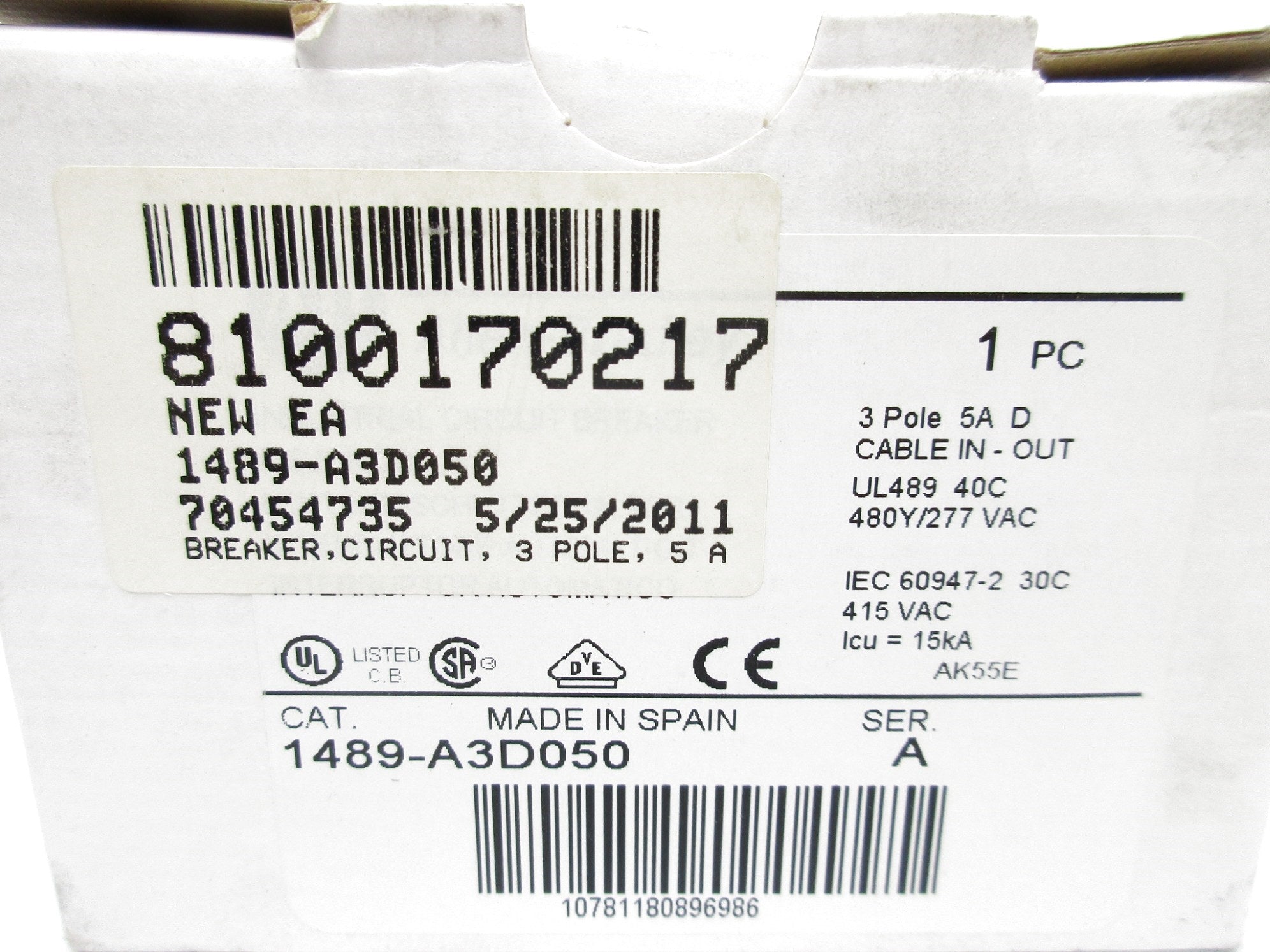 ALLEN BRADLEY 1489-A3D050 SER. A 480/277VAC 5A (WH) NSMP