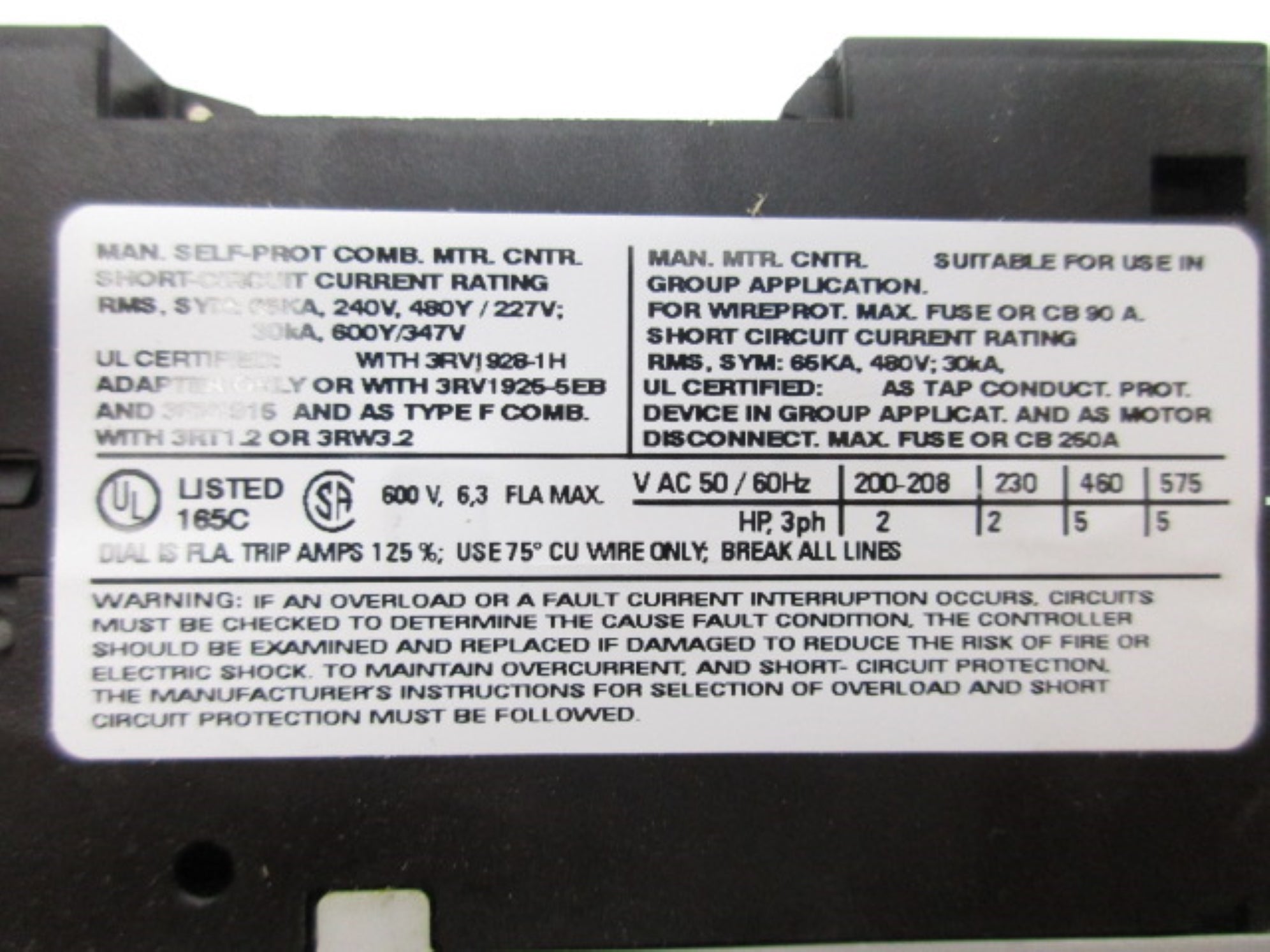 SIEMENS 3RV1021-1GA10 600V 4.5-6.3A NSMP
