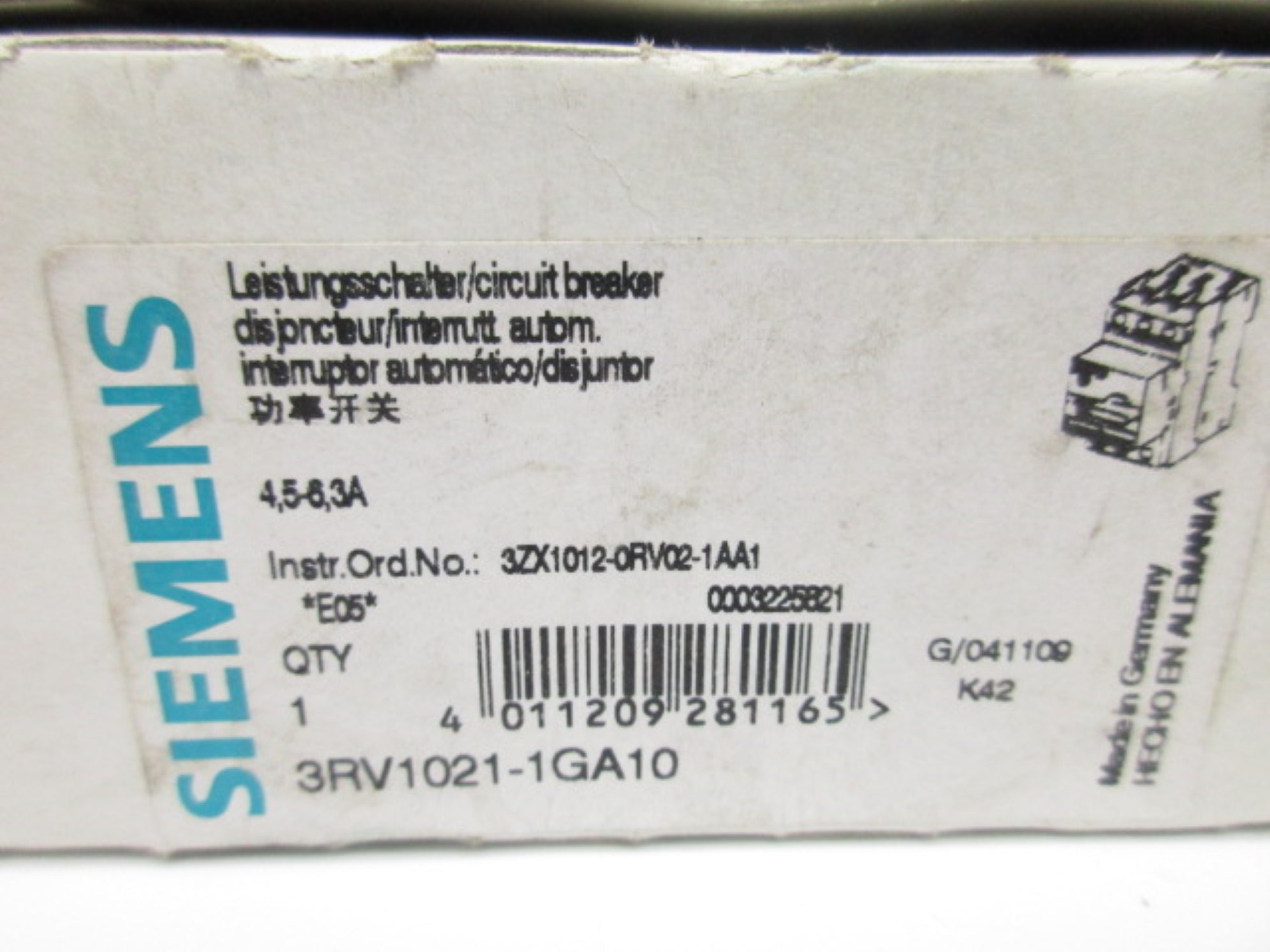 SIEMENS 3RV1021-1GA10 600V 4.5-6.3A NSMP