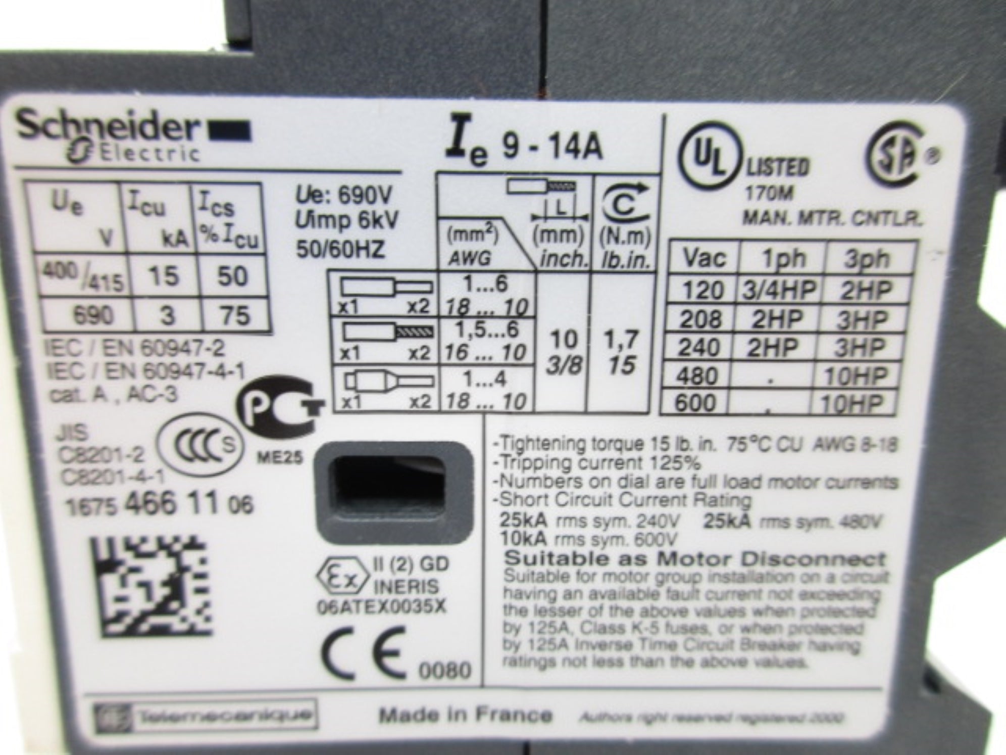 SCHNEIDER ELECTRIC GV2ME16  9-14A NSMP
