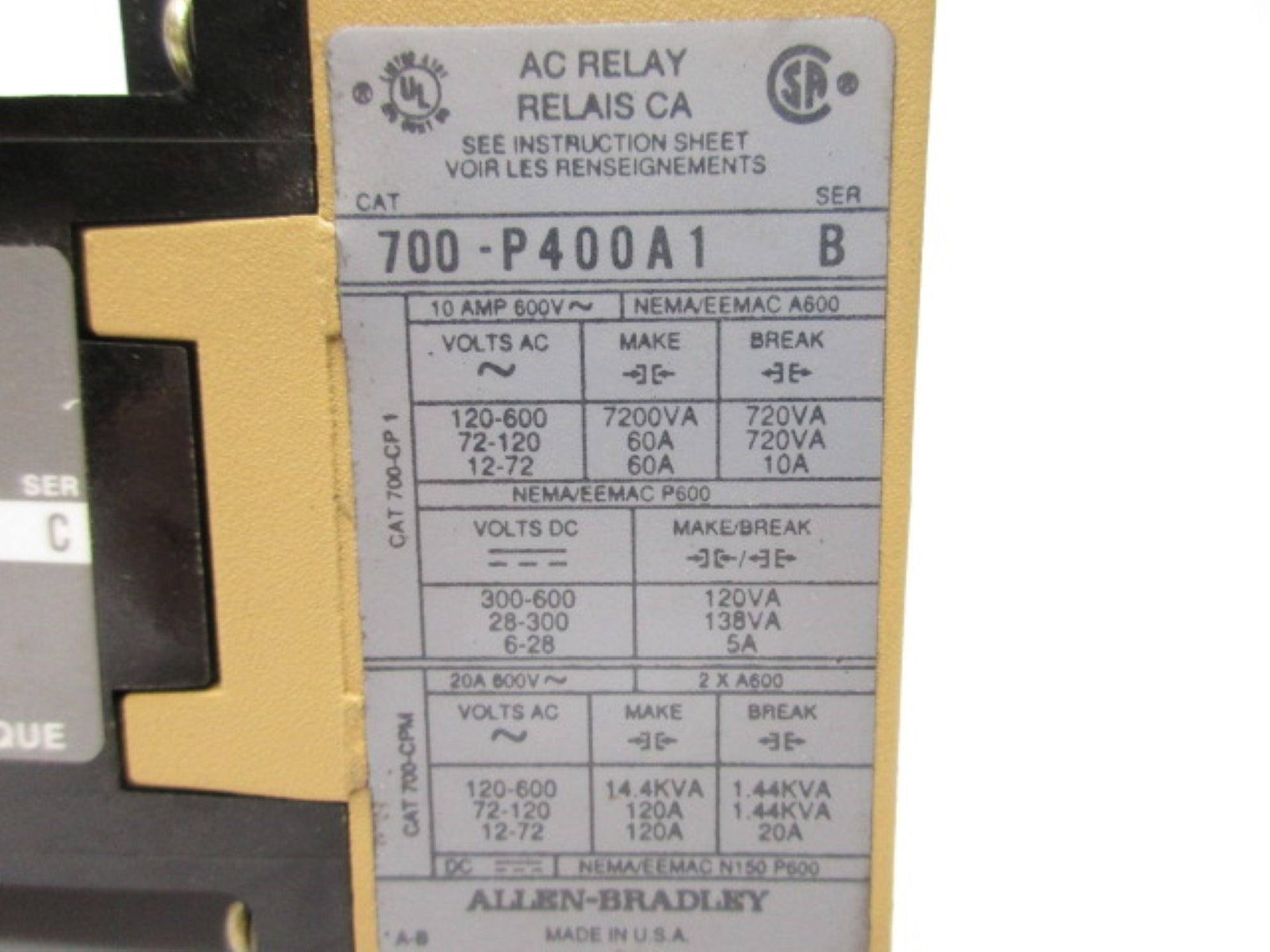 ALLEN BRADLEY 700-PL600A1 SER. C 120V NSNP
