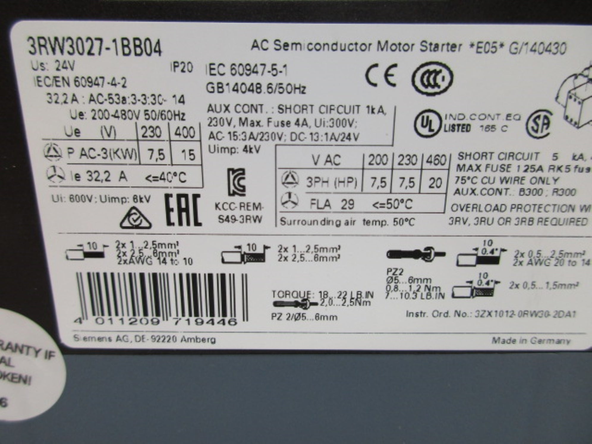 SIEMENS 3RW3027-1BB04 NSNP