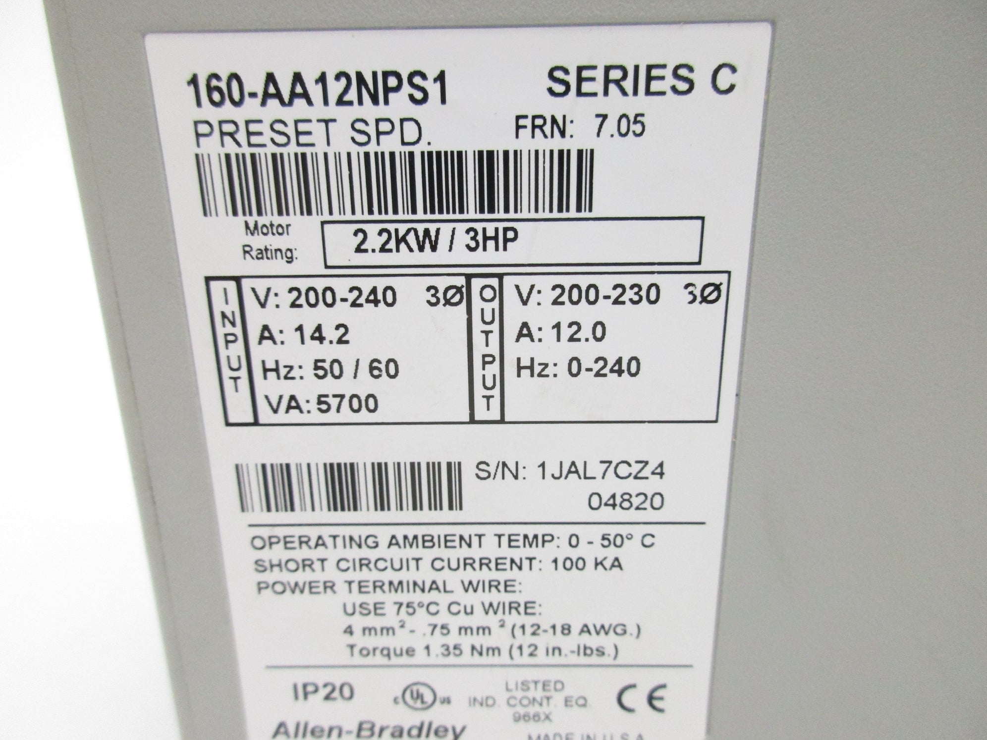 ALLEN BRADLEY 160-AA12NPS1 SER. C F/W 7.05 NSNP