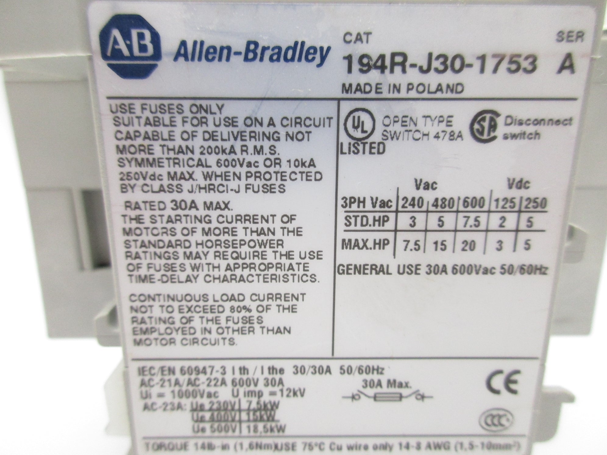ALLEN BRADLEY 194R-J30-1753 SER. A NSNP