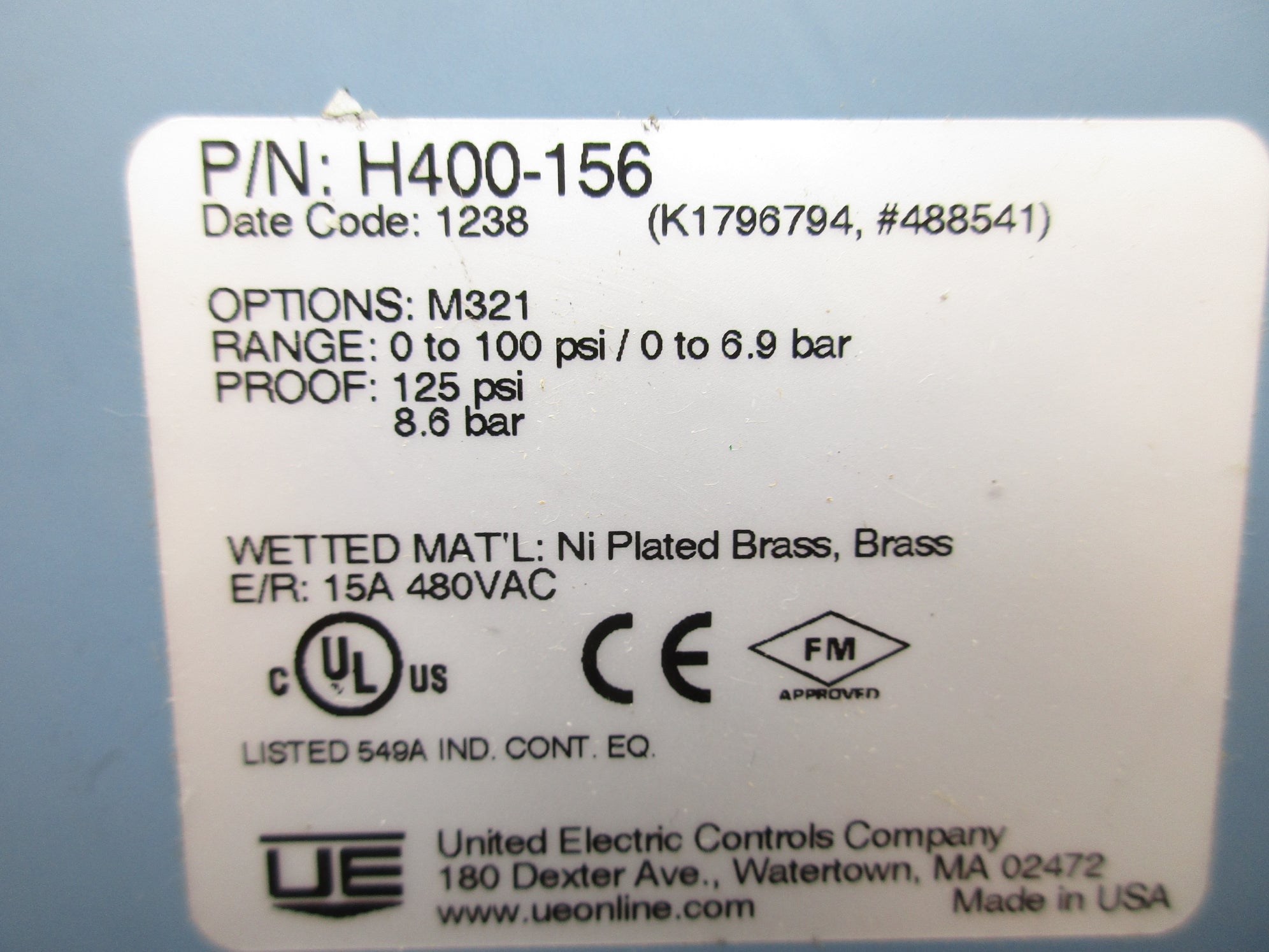 UNITED ELECTRIC H400-156 0-100PSI 15A 480VAC NSNP