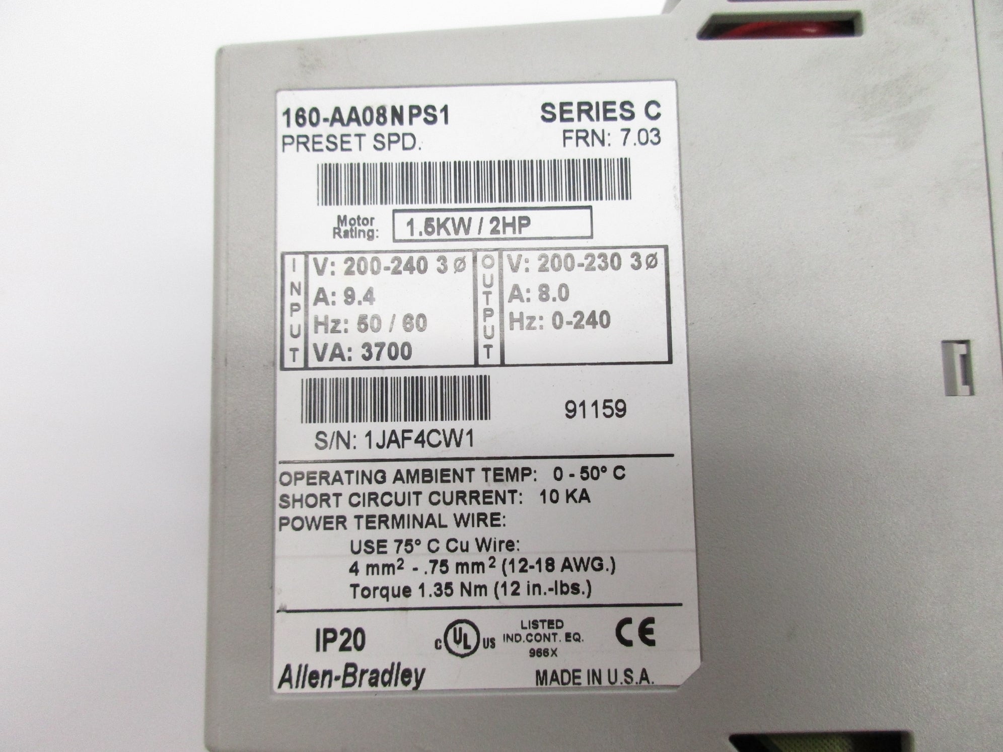ALLEN BRADLEY 160-AA08NPS1 SER. C F/W 7.03  NSNP