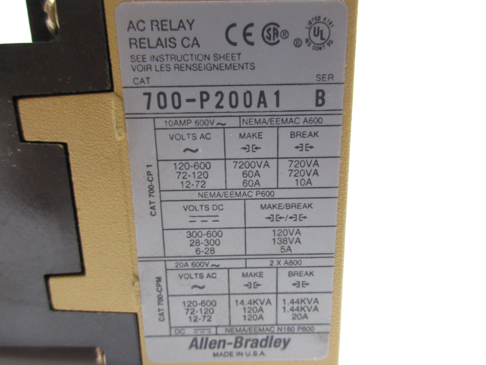 INDUSTRIAL SPARE PART 700-P200A1 SER. B 110/115-120V 60A NSNP