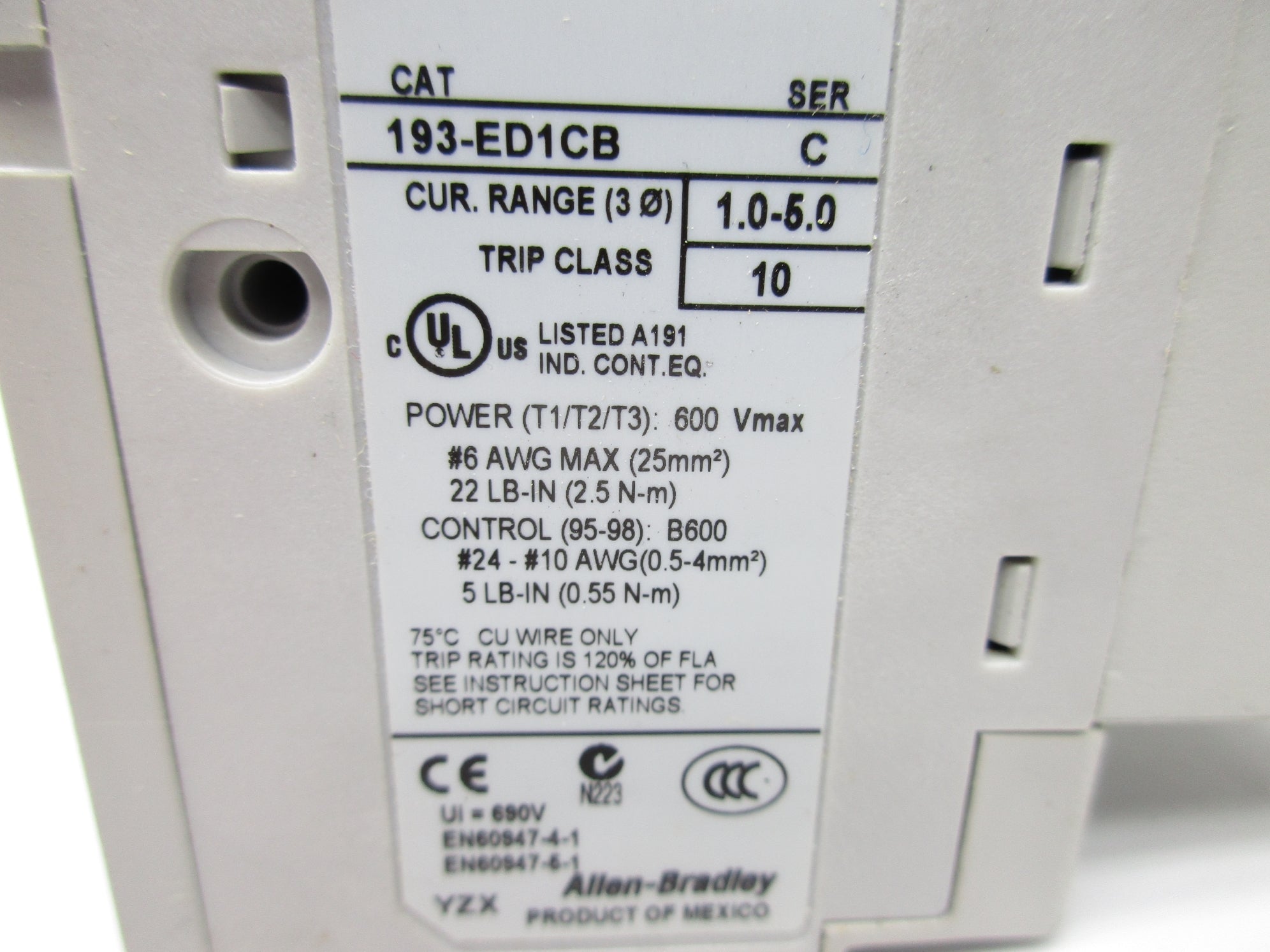 ALLEN BRADLEY 193-ED1CB SER. C 1.0-5.0A 600V UNMP